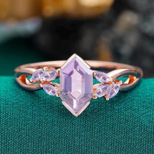 Long Hexagon Cut Lavender Amethyst Engagement Ring, Vintage Amethyst Cluster Promise Ring, February Birthstone Ring,Wedding Anniversary Ring