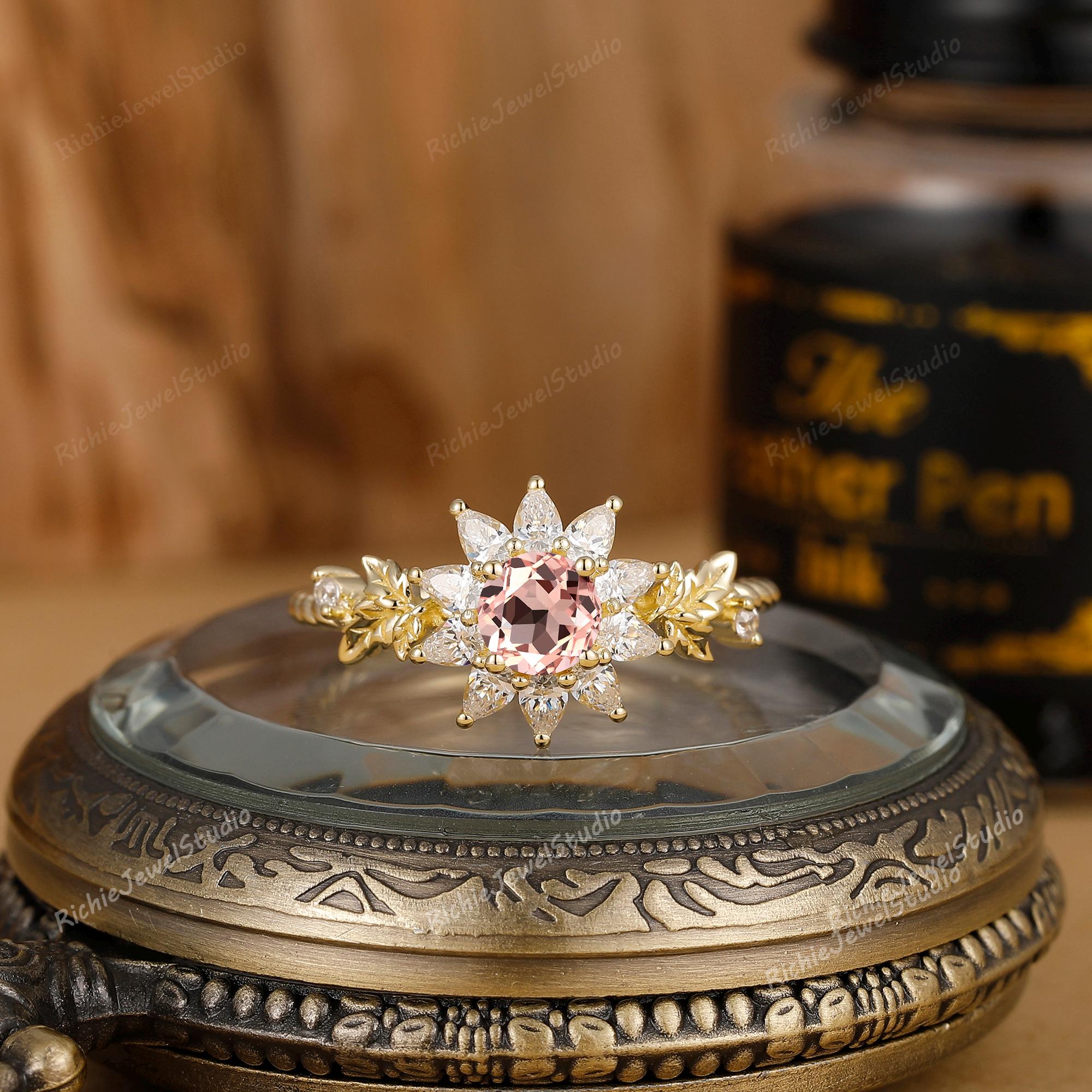Bague morganite ronde de 5 mm, bague d'anniversaire avec pierre gemme rose vintage Sunbrust inspiration naturelle bagues en or rose promesse bagues de grappe uniques