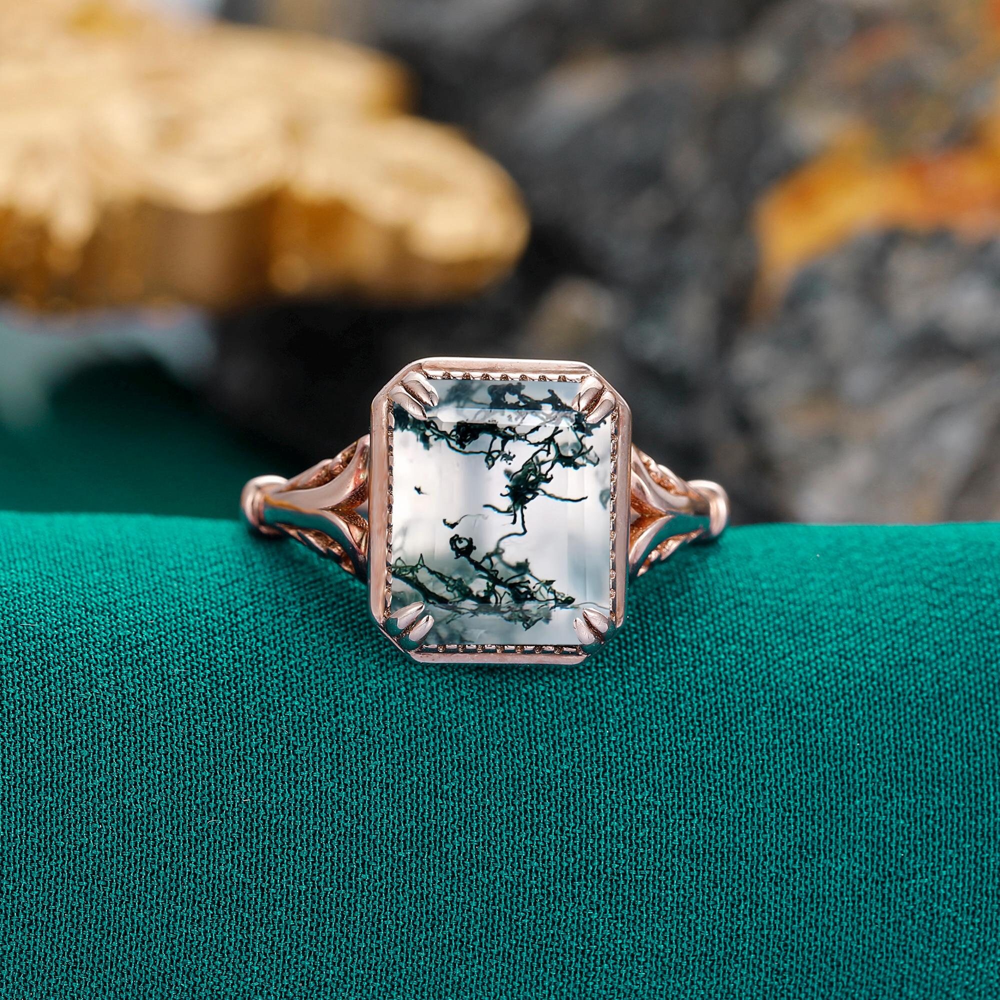 9x11mm Art Deco Ring, Emerald Cut Moss Agate Engagement Ring