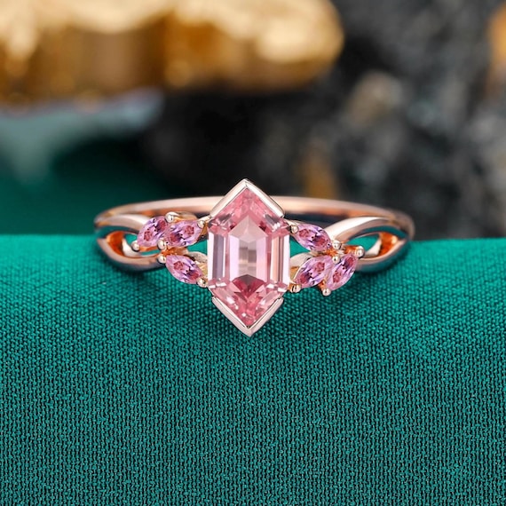 Long Hexagon Cut Pink Sapphire Engagement Ring, Vintage Rose Gold