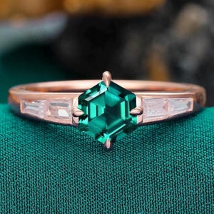 Hexagon cut emerald engagement ring, Handmade rose gold ring, moissanite diamond wedding ring, Unique promise bridal ring for women