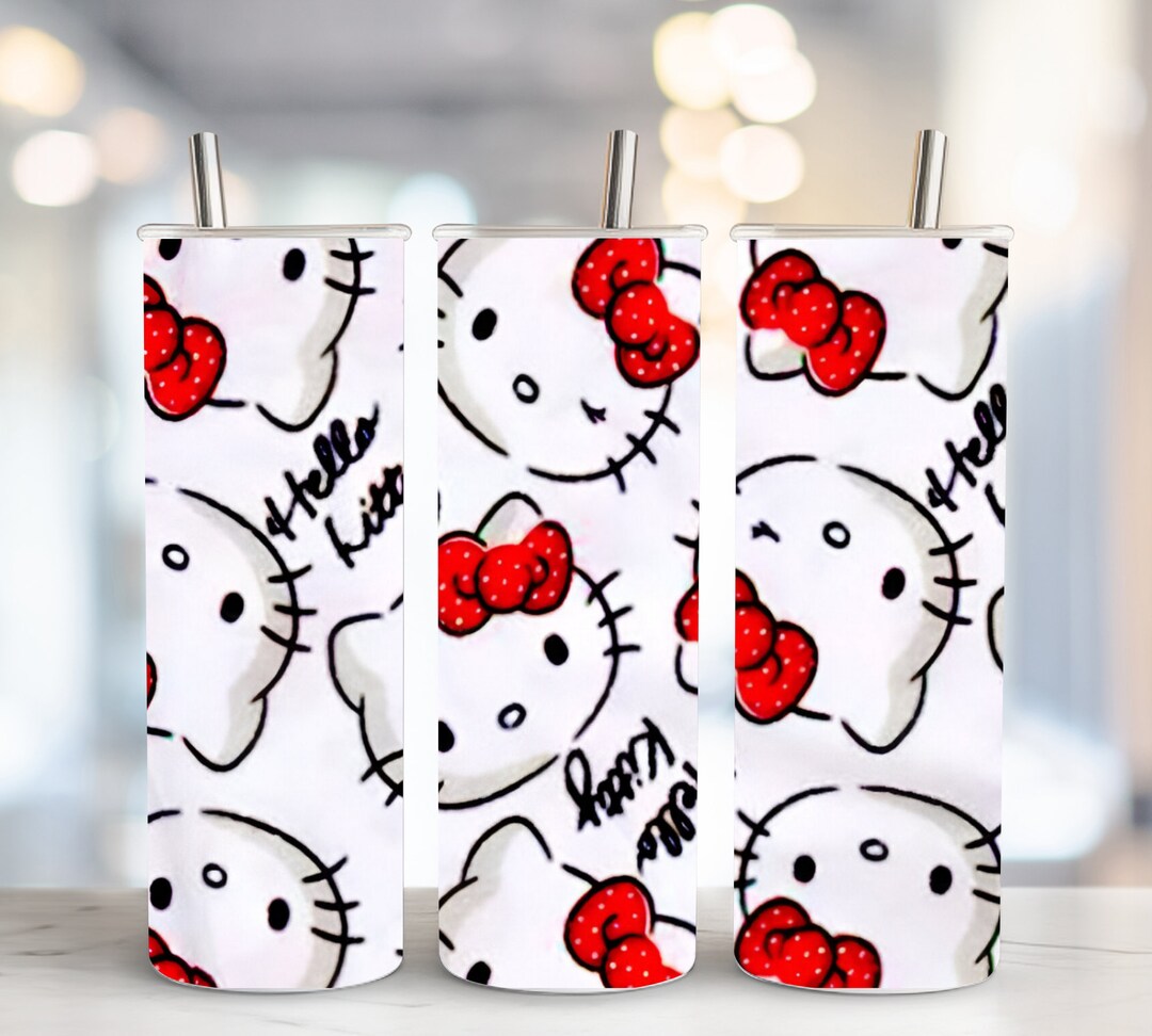 20oz Hello Cat Tumbler Wrap PNG, Kitty, Kawaii, Skinny Tumbler, Digital