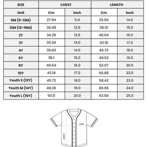 May include: Size chart for kids and youth baseball jerseys. The chart shows chest and length measurements in inches and centimeters for sizes 6M to Youth L (16Y).