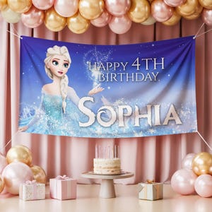 May include: A birthday party banner featuring a cartoon character in a blue dress with the text "HAPPY 4TH BIRTHDAY SOPHIA". The banner is set against a blue gradient background with a cake, gifts, and balloons.