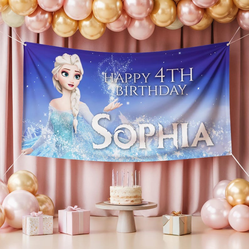May include: A birthday party banner featuring a cartoon character in a blue dress with the text "HAPPY 4TH BIRTHDAY SOPHIA". The banner is set against a blue gradient background with a cake, gifts, and balloons.