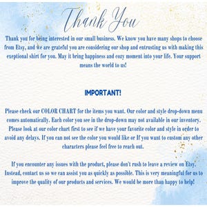 May include: A blue and white watercolor background with text that reads "Thank You" and "IMPORTANT!"  The text explains how to use the color chart and what to do if you have any issues with the product.