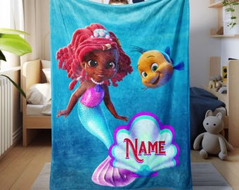 Personalized Jr. Ariel The Little Mermaid Blanket, Jr. Ariel Baby Girl Blanket, Disney Flounder Blanket, Custom Kid Xmas Blanket Gift