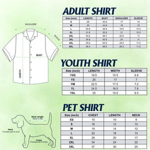 May include: A size chart for apparel featuring three sections: Adult Shirt, Youth Shirt, and Pet Shirt. Each section includes a line drawing of the item and a table with measurements in inches for length, bust, shoulder, sleeve, width, chest, and neck.