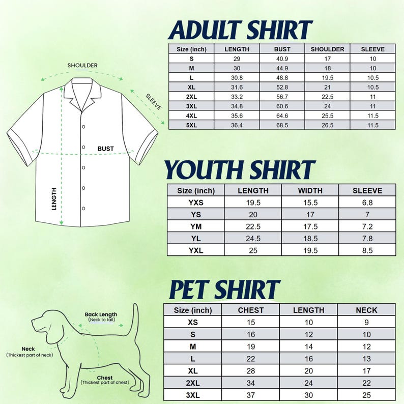 May include: A size chart for apparel featuring three sections: Adult Shirt, Youth Shirt, and Pet Shirt. Each section includes a line drawing of the item and a table with measurements in inches for length, bust, shoulder, sleeve, width, chest, and neck.
