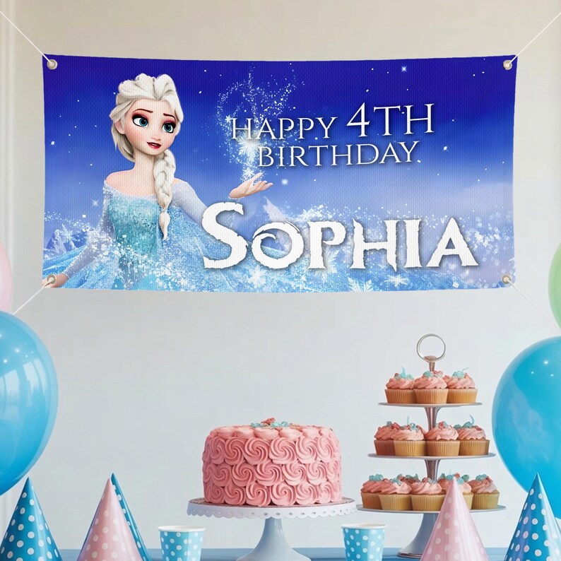 May include: A blue banner with the text "HAPPY 4TH BIRTHDAY SOPHIA" and an illustration of a princess. The banner is decorated with a birthday cake, cupcakes, balloons, and party hats.