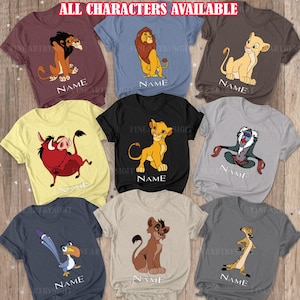 May include: Nine different t-shirts featuring characters from the Lion King movie. Each shirt has a different character, including Simba, Nala, Pumbaa, Timon, and Scar. The shirts are all white with a black outline around the characters. The text "ALL CHARACTERS AVAILABLE" is at the top of the image.