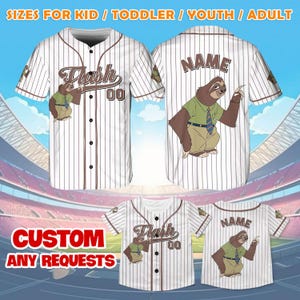 May include: White baseball jersey with brown stripes. The front of the jersey has a cartoon sloth wearing a green shirt and tie. The text "Flash 00" is above the sloth. The back of the jersey has the text "NAME" above a cartoon sloth wearing a green shirt and tie.