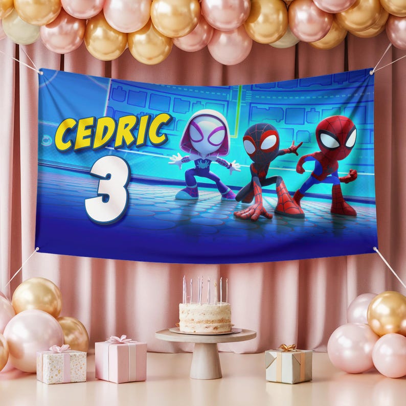 May include: A blue banner with the name "Cedric" and the number "3" in yellow and white. The banner features three Spider-Man characters. The scene is decorated with balloons, a cake, and gifts, suggesting a birthday celebration.