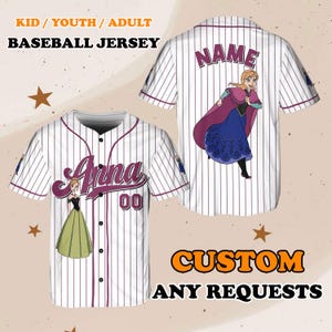 May include: White baseball jersey with purple stripes and a cartoon image of Anna from Frozen. The jersey has the text "Anna" in purple cursive lettering and the number "00" in purple. The back of the jersey has the text "NAME" in purple lettering.
