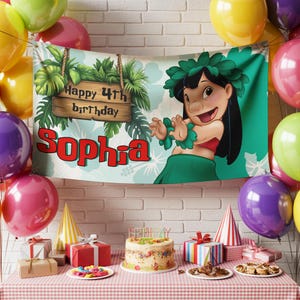 May include: A birthday banner with the text "Happy 4th birthday Sophia" and a cartoon character in a green skirt and lei. The banner is decorated with tropical leaves and flowers. Balloons, gifts, and a cake are on a table.