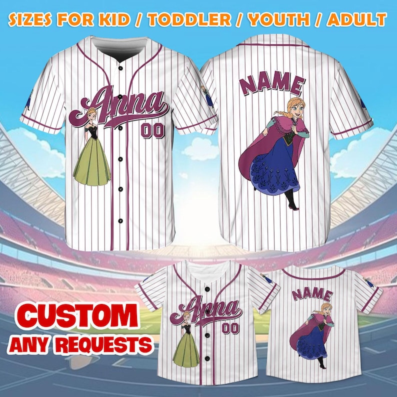 May include: White baseball jersey with purple stripes, featuring a cartoon image of Anna from Frozen. The jersey has a customizable name and number. The text "CUSTOM ANY REQUESTS" is visible at the bottom of the image.