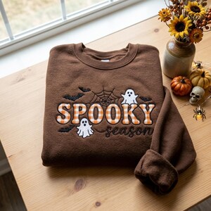 Embroidered Gingham Ghost Spooky Season Sweatshirt, Halloween Spiderweb Bat Sweater, Cozy Autumn Pumpkin Patch Shirt, Family Trip Shirt Gift