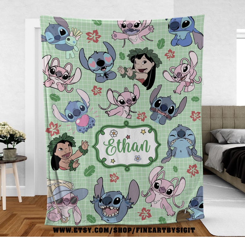 May include: A light green blanket featuring various cartoon characters in shades of blue and pink, along with a girl with a flower crown. The blanket has a grid pattern and includes the name "Ethan" in a decorative frame. The Etsy shop URL is visible at the bottom.