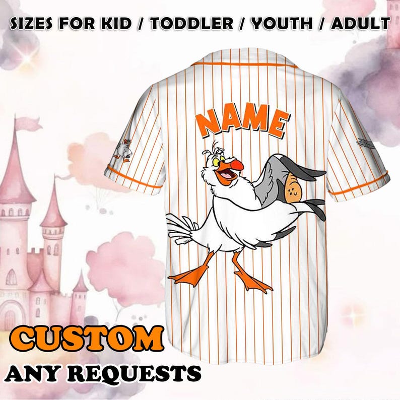 May include: White and orange striped baseball jersey with a cartoon seagull graphic and the word "NAME" printed on the back. The jersey is customizable.