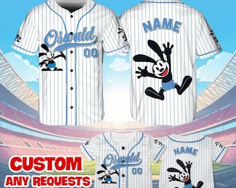 May include: White baseball jersey with blue stripes and a cartoon rabbit character. The jersey has the text "Oswald" and "00" on the front and "NAME" on the back. The jersey is available in sizes for kids, toddlers, youth, and adults.