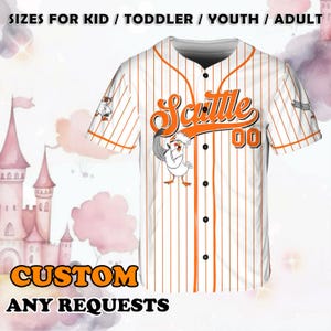 May include: White baseball jersey with orange stripes and a cartoon seagull graphic. The jersey has the text "Scuttle 00" on the front.  The text "CUSTOM ANY REQUESTS" is at the bottom of the image.