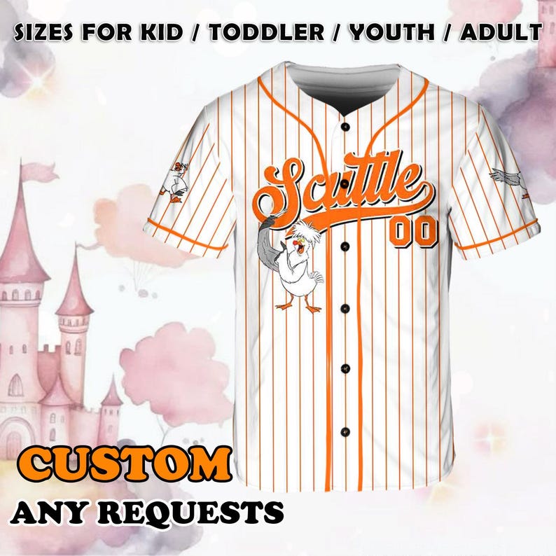 May include: White baseball jersey with orange stripes and a cartoon seagull graphic. The jersey has the text "Scuttle 00" on the front.  The text "CUSTOM ANY REQUESTS" is at the bottom of the image.