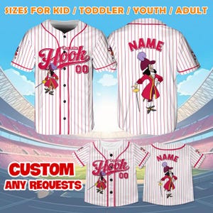 May include: White and red baseball jersey with a cartoon image of Captain Hook. The jersey has the text "Captain Hook" and "00" on the front and "NAME" on the back.