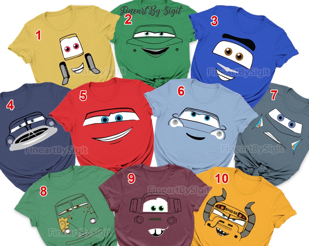 Snorider Design Disney Cars Face Outline Family Matching Shirt, Cars Group Shirt, Disney Vacation, Disney Cars Shirt, Car Lover Tee, Cars Pixar Shirt