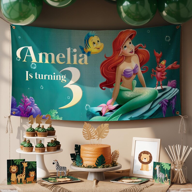 May include: A birthday party scene with a banner featuring Ariel from The Little Mermaid, with the text "Amelia Is turning 3." The scene includes cupcakes, a cake, and animal-themed decorations.