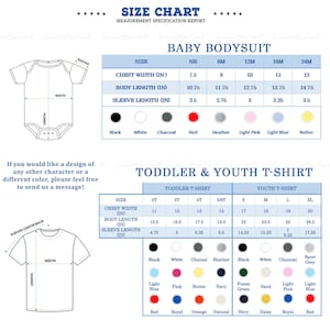 K&ouml;nnte beinhalten: Gr&ouml;&szlig;entabelle f&uuml;r Baby-Bodysuits und T-Shirts f&uuml;r Kleinkinder und Jugendliche. Enth&auml;lt Brustumfang, K&ouml;rperl&auml;nge und &Auml;rmell&auml;nge in Zoll. Farboptionen sind f&uuml;r jeden Kleidungsstil aufgef&uuml;hrt.