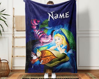 Personalized Disney Alice Cheshire Cat Blanket, Custom Alice in Wonderland Blanket, Disney White Rabbit Blanket Gift, Custom Xmas Kid Gift