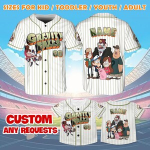 May include: White baseball jersey with green pinstripes. The front features the text "GRAVITY FALLS" and the number "00". The back has a cartoon graphic and the word "NAME". The bottom of the image says "CUSTOM ANY REQUESTS".