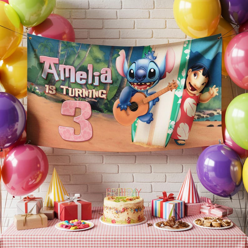 May include: A birthday party scene with a banner reading "Amelia is turning 3." The banner features cartoon characters Stitch playing a guitar and Lilo with a surfboard. Colourful balloons, gifts, a cake, and party hats decorate the table.