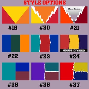 May include: Nine different flag designs with various color combinations and patterns. The designs include a split flag with a jagged edge, a split flag with a straight edge, and a flag with a triangle shape. The text "House Divided" appears on two of the flags.