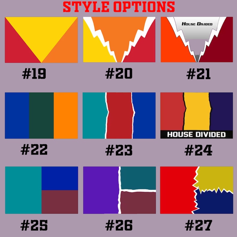 May include: Nine different flag designs with various color combinations and patterns. The designs include a split flag with a jagged edge, a split flag with a straight edge, and a flag with a triangle shape. The text "House Divided" appears on two of the flags.