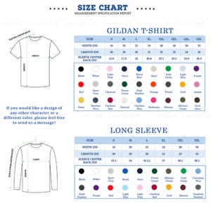May include: Size chart for Gildan t-shirts and long-sleeve shirts. The chart shows measurements in inches for width, length, and sleeve center back. The chart also includes a color chart with various colors for both short and long-sleeve shirts.