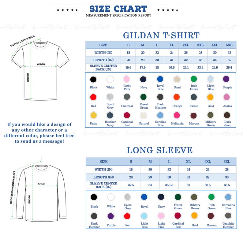 May include: Size chart for Gildan t-shirts and long-sleeve shirts. The chart shows measurements in inches for width, length, and sleeve center back. The chart also includes a color chart with various colors for both short and long-sleeve shirts.