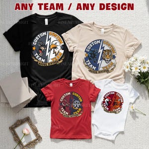 May include: Several t-shirts and a babygrow, each displaying a circular design with team graphics and the text "CUSTOM TEAM HOUSE DIVIDED." The shirts are black, beige, red, and white, with animal and lightning bolt illustrations.