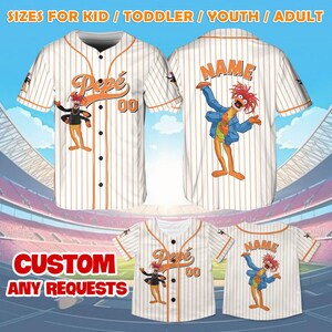 May include: White baseball jersey with orange pinstripes, featuring a cartoon character and the name "Pepe". The jersey has the number "00" and the word "NAME" on the back. The text "SIZES FOR KID / TODDLER / YOUTH / ADULT" is at the top.