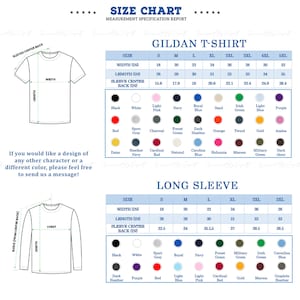 K&ouml;nnte beinhalten: Gr&ouml;&szlig;entabelle f&uuml;r Gildan T-Shirts und Langarmshirts, mit Ma&szlig;en in Zoll. Enth&auml;lt Breite, L&auml;nge und &Auml;rmelmitte hinten. Enth&auml;lt eine Farbpalette mit Optionen wie Schwarz, Wei&szlig; und Marineblau. Text: "Wenn Sie ein Design eines anderen Charakters oder einer anderen Farbe w&uuml;nschen, senden Sie uns bitte eine Nachricht!"