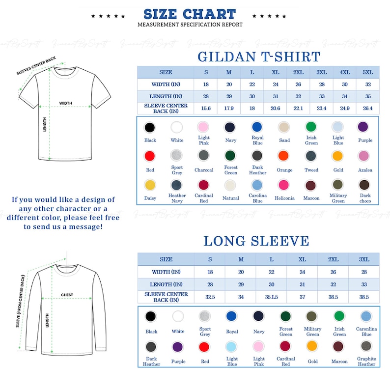 K&ouml;nnte beinhalten: Gr&ouml;&szlig;entabelle f&uuml;r Gildan T-Shirts und Langarmshirts, mit Ma&szlig;en in Zoll. Enth&auml;lt Breite, L&auml;nge und &Auml;rmelmitte hinten. Enth&auml;lt eine Farbpalette mit Optionen wie Schwarz, Wei&szlig; und Marineblau. Text: "Wenn Sie ein Design eines anderen Charakters oder einer anderen Farbe w&uuml;nschen, senden Sie uns bitte eine Nachricht!"