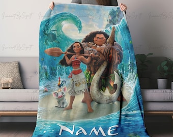 Personalized Moana Hawaiin Blanket, Disney Moana Baby Name Blanket, Disney Maui Tamatoa Hei Hei Blanket Gift, Princess Moana Custom Gift