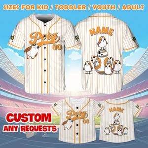 May include: Baseball jerseys with a cream and orange striped design. The jerseys feature the word "Porg" and the number "00" on the front. The back of the jerseys have the word "NAME" and a graphic of a droid and Porgs. The text "SIZES FOR KID / TODDLER / YOUTH / ADULT" is at the top.