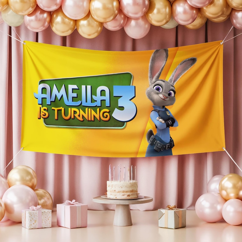 May include: A birthday party banner with the text "Amelia 3 is Turning" and a cartoon image of Judy Hopps from Zootopia. The scene includes a cake, balloons, and wrapped gifts, creating a festive atmosphere.