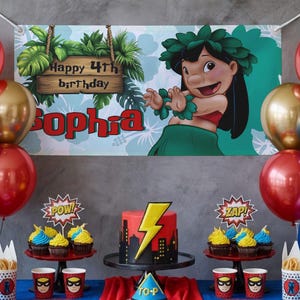May include: A party scene with a banner displaying a cartoon character and the text "Happy 4th birthday Sophia". The table is set with a cake featuring a lightning bolt design, cupcakes, and superhero-themed cups and decorations. Red and gold balloons are also visible.