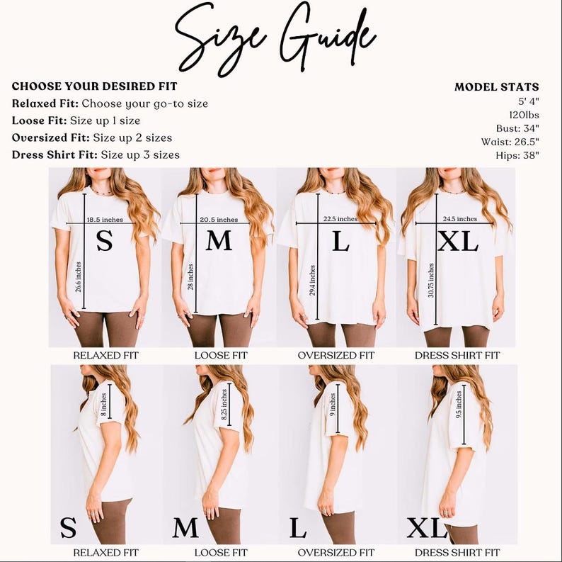 May include: Size guide graphic with text and images. The guide shows different shirt sizes (S, M, L, XL) and fit styles (Relaxed, Loose, Oversized, Dress Shirt). Measurements in inches are included for each size and fit.