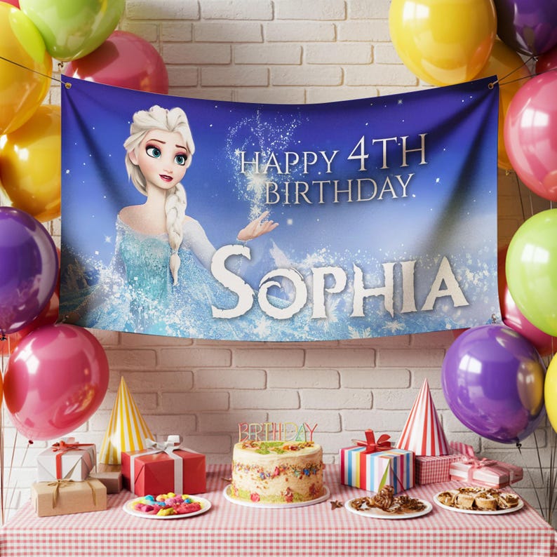 May include: A blue banner with the text "Happy 4th Birthday Sophia" and an illustration of a princess. The banner is surrounded by colorful balloons, gifts, a cake, and party hats, creating a festive birthday scene.