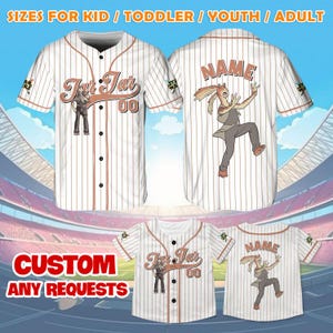 May include: White baseball jersey with brown pinstripes, featuring a cartoon character graphic. The jersey has the text "Jar Jar" and the number "00". The top of the image reads "SIZES FOR KID / TODDLER / YOUTH / ADULT". The bottom of the image reads "CUSTOM ANY REQUESTS".