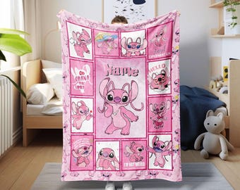Personalized Lilo and Stitch Angel Blanket, Disney Angel Pink Blanket, Angel Kids Name Blanket, Birthday Party Blanket, Kids Xmas Gift