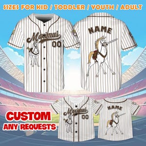 May include: White baseball jersey with brown stripes and a cartoon horse illustration. The jersey has the text "Maximus" and "00" on the front and "NAME" on the back. The jersey is available in sizes for kids, toddlers, youth, and adults.